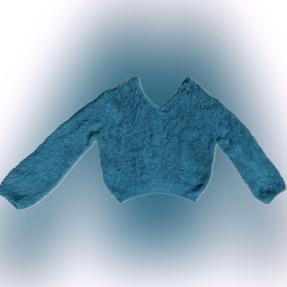 EUC Pretty Little Thing SZ L teal green fuzzy v-neck sweater/bust 58”-64” - Picture 3 of 3
